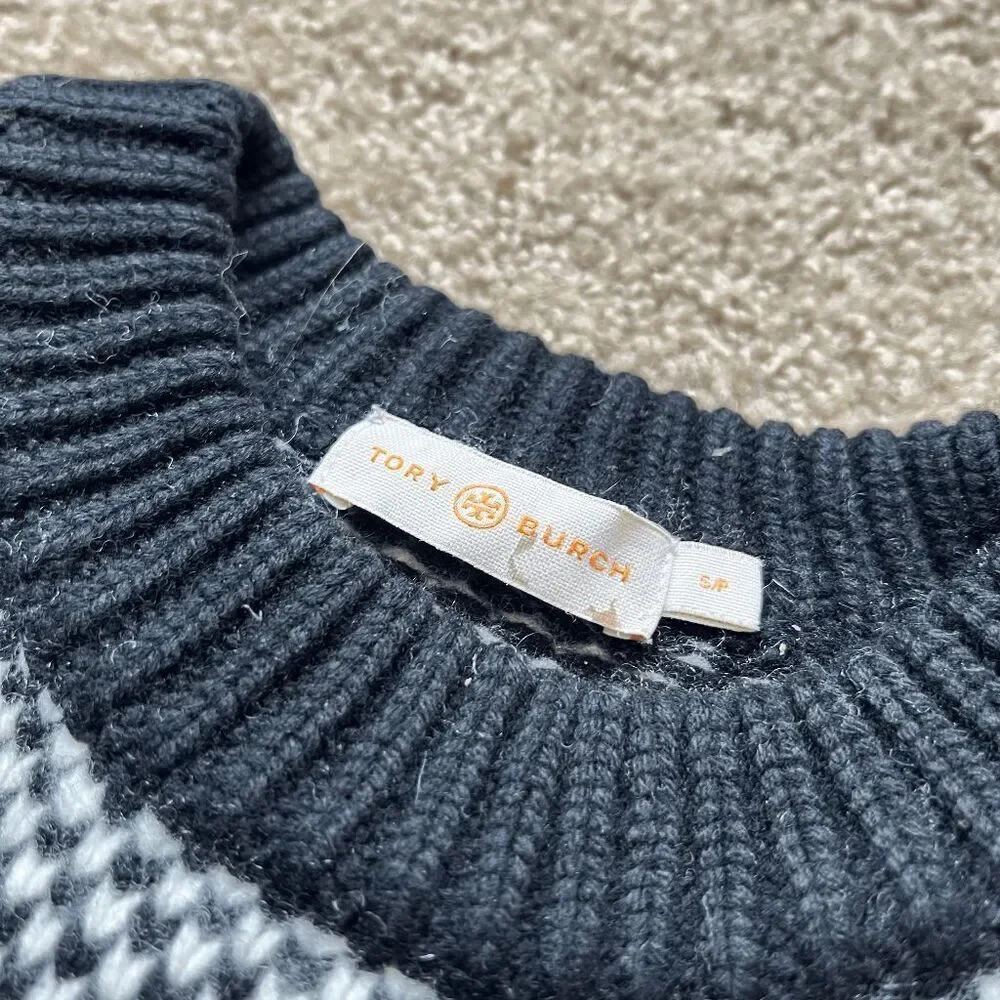 Tory Burch Merino Wool Heavyweight Boxy Knit Sweater M Black Ivory